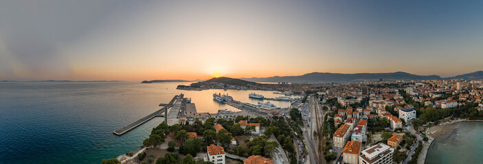 Aerial panoramic drone shot of ferry port from railway east city of Split in croatia summer
