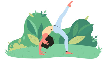 Young girl doing yoga in a park on a background of green leaves. Flat vector illustration