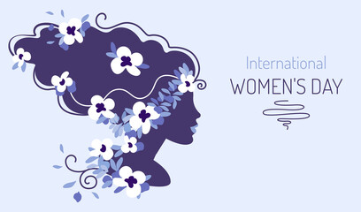 International women’s day festive vector illustration. Silhouette of a girl's head with hand drawn spring flowers and leaves. Horizontal format for a web banner or greeting card.