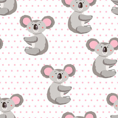 Seamless pattern with cute koala on white polka dots background. Funny australian animals. Card, postcards for kids. Flat vector illustration for fabric, textile, wallpaper, poster, paper