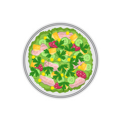 Salad in bowl top view a flat vector illustration isolated on white background