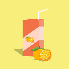 box of orange juice and citrus fruits on a yellow background