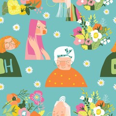 Seamless pattern with beautiful women with flowers