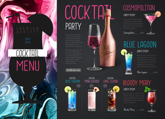 Cocktail menu design with alcohol ink texture. Marble texture background.