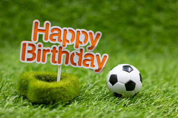 Soccer ball with happy birthday sign are on green grass