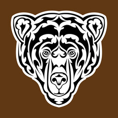 Hand drawn abstract portrait of a bear. Sticker. Vector stylized illustration isolated on brown background.