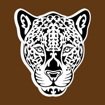 Hand drawn abstract portrait of a leopard or jaguar. Sticker. Vector stylized illustration isolated on brown background.