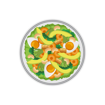Salad in bowl, fresh healthy tasty mix food a flat vector isolated illustration.