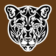 Hand drawn abstract portrait of a puma. Sticker. Vector stylized illustration isolated on brown background.
