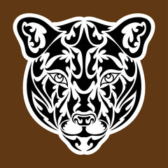Hand drawn abstract portrait of a puma. Sticker. Vector stylized illustration isolated on brown background.