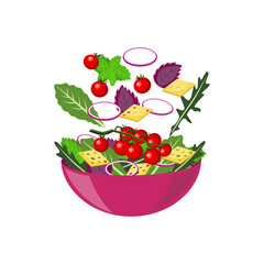 Salad bowl with flying ingredients. Fresh vegetables and cheese slices