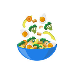 Salad bowl with pieces of vegetables and eggs flat vector illustration isolated.