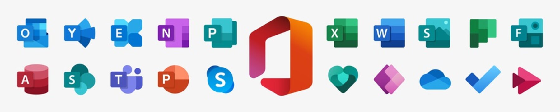 Microsoft Office 365: Outlook, Yammer, Exchange, OneNote, Publisher, Excel, Sway, Planner, Forms, Access, SharePoint, Teams, Family Safety, Power Apps, To Do, Stream. Kyiv, Ukraine - February 15, 2021