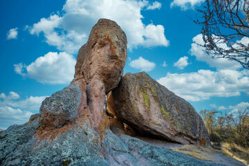 Rock formations in Pinnacles National Park in California, the destroyed remains of an extinct volcano on the San Andreas Fault. Beautiful landscapes, cozy hiking trails for tourists and travelers.
