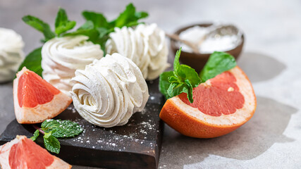 Homemade marshmallow made from grapefruit and mint. Homemade healthy sweets, natural sweets.