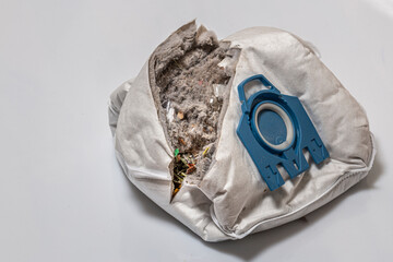 a fully filled, cut open vacuum cleaner bag with its contents