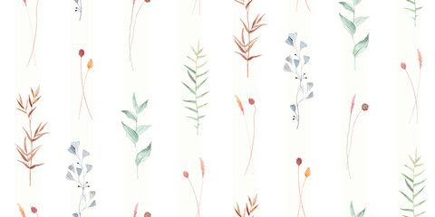 Floral seamless pattern with cute plants on striped background. Watercolor illustration.