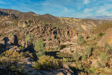 Rock formations in Pinnacles National Park in California, the destroyed remains of an extinct...