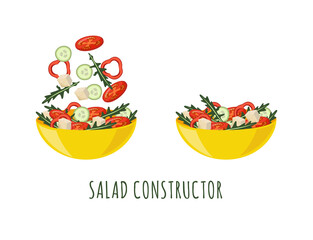 Salad constructor with bowls of vegetable salad, vector illustration isolated.