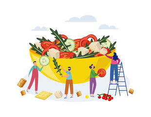Tiny people standing by huge salad bowl, flat vector illustration isolated.