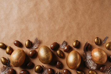 Easter concept card with golden eggs and candy sweet frame falt lay on brown background