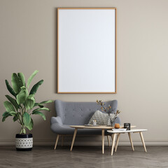 The Mock up canvas frame and furniture design in modern cozy interior and beige wall background, living room, Scandinavian style, 3D render, 3D illustration 