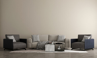 The Mock up furniture design in modern interior and beige wall background, living room, Scandinavian style, 3D render, 3D illustration 