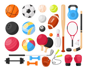 Sport Equipment. Vector icons set of sport inventory with balls for volleyball, soccer baseball, football game and tennis, golf ball, billiard, racket, bowling. Fitness  gym tools. Team game