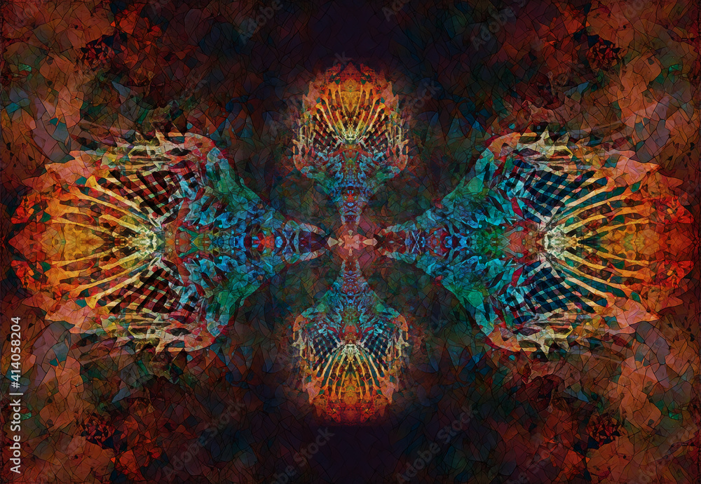 Poster feathers and mosaic structure on abstract background.