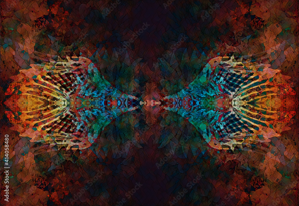 Poster feathers and mosaic structure on abstract background.