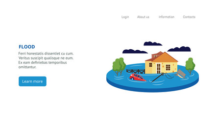 Website banner template with flood damage scene, flat vector illustration.