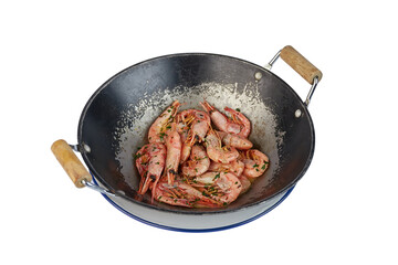 Boiled shrimp for beer in a wok pan isolated on white background