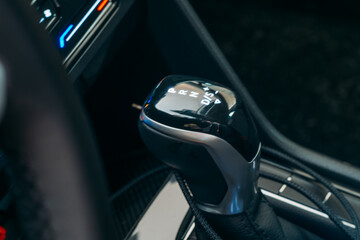 Gear Shift Selector. Gear lever close up. Modern Automatic Transmission in Car.