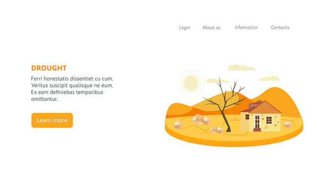 Website template with drought natural disaster image, flat vector illustration.