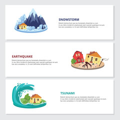 Natural disasters snowstorm, earthquake and tsunami, flat vector illustration.