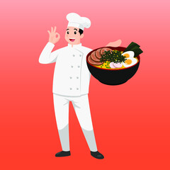 Happy chef cartoon portrait of young big guy cook wearing hat and chef uniform hold bowl of ramen and do thumb up sign gesture. Man cook delicious food and show to camera.