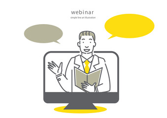 オンラインで説明するベテランビジネスマンのシンプルでおしゃれな線画イラスト
