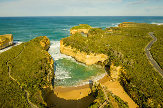 Aerial view of Loch Ard George, a natural sandy inlet with cliffs with a small paradise beach, Port Campbell, Victoria, Australia.