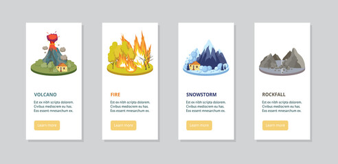 Set of vector banners with natural disasters and environmental cataclysms.