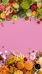 Fast and healthy food compared on pink background. Unhealthy set of burgers, sauces, french fries in comparison with set of vegetables, fruits, organic green avocado, cabbage, nuts, citruses.