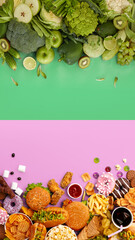 Fast and healthy food compared on pink-green background. Unhealthy set of burgers, sauces, french fries in comparison with set of vegetables, fruits, organic green avocado, cabbage, nuts, citruses.