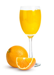 Fresh orange juice in glass or bottle with fruits, isolated on white