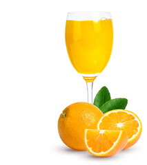 Fresh orange juice in glass or bottle with fruits, isolated on white