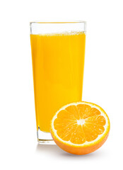 Fresh orange juice in glass or bottle with fruits, isolated on white