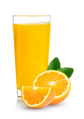 Fresh orange juice in glass or bottle with fruits, isolated on white