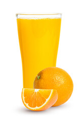 Fresh orange juice in glass or bottle with fruits, isolated on white