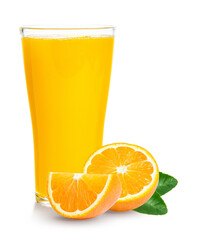 Fresh orange juice in glass or bottle with fruits, isolated on white