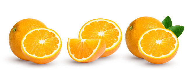 Fresh orange juice in glass or bottle with fruits, isolated on white