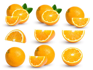 Fresh orange juice in glass or bottle with fruits, isolated on white