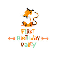 vector poster with tiger and phrase "first birthday party". baby shower